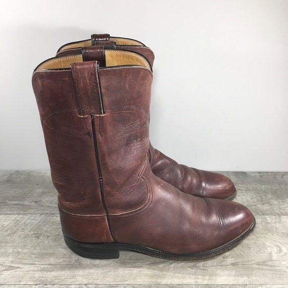 Justin Men’s 3411 Brown Kipskin Cowboy Western Leather Roper Pullon Boots Size 9 - Picture 1 of 11